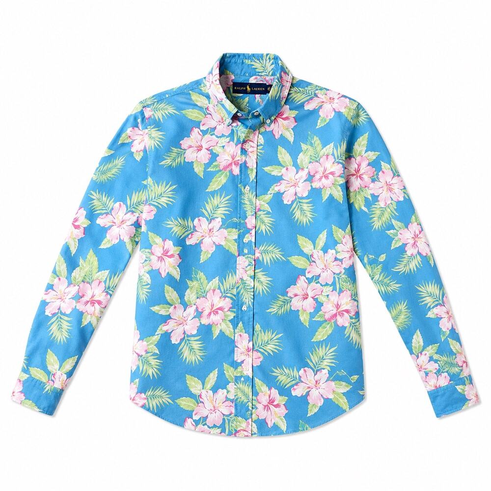 Ralph Lauren Tropical Hibiscus Floral Button‑Down Cotton Shirt Men's Size Medium